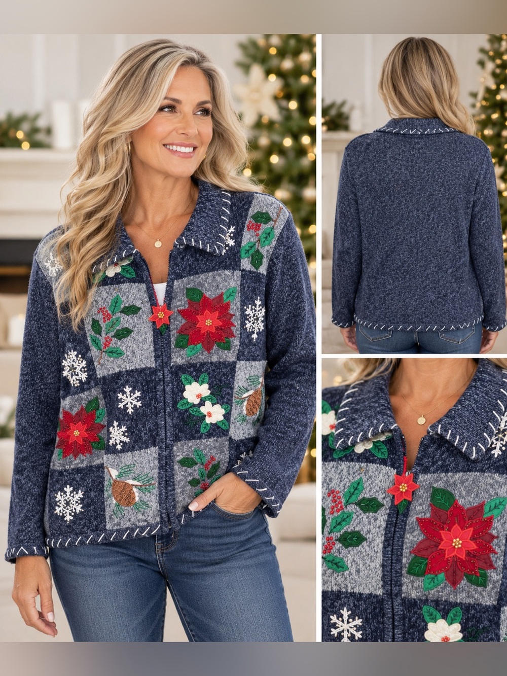 Carly St. Claire Women's Blue Christmas Poinsettia Snowflake Cardigan Sweater LG
